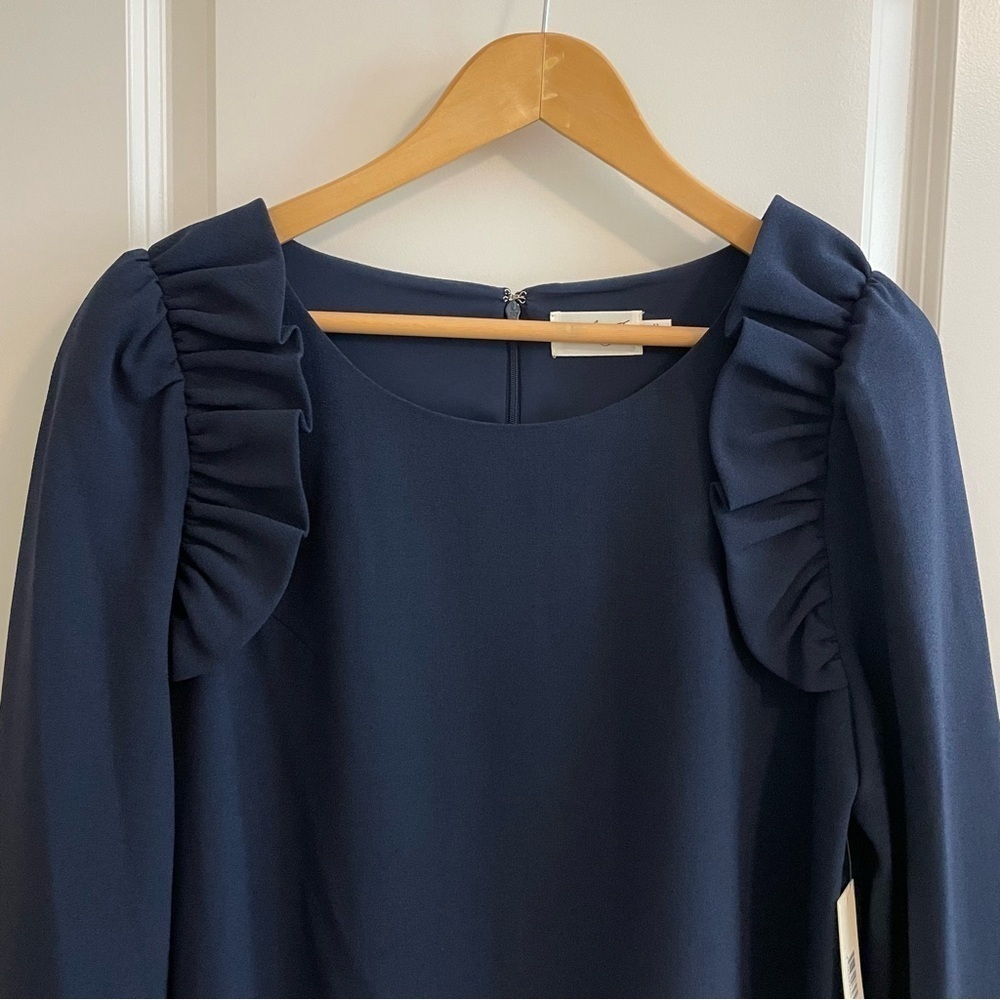 NWT Eliza J Ruffle Puff Shoulder Shift Dress Navy Blue Size 12 - Picture 9 of 11